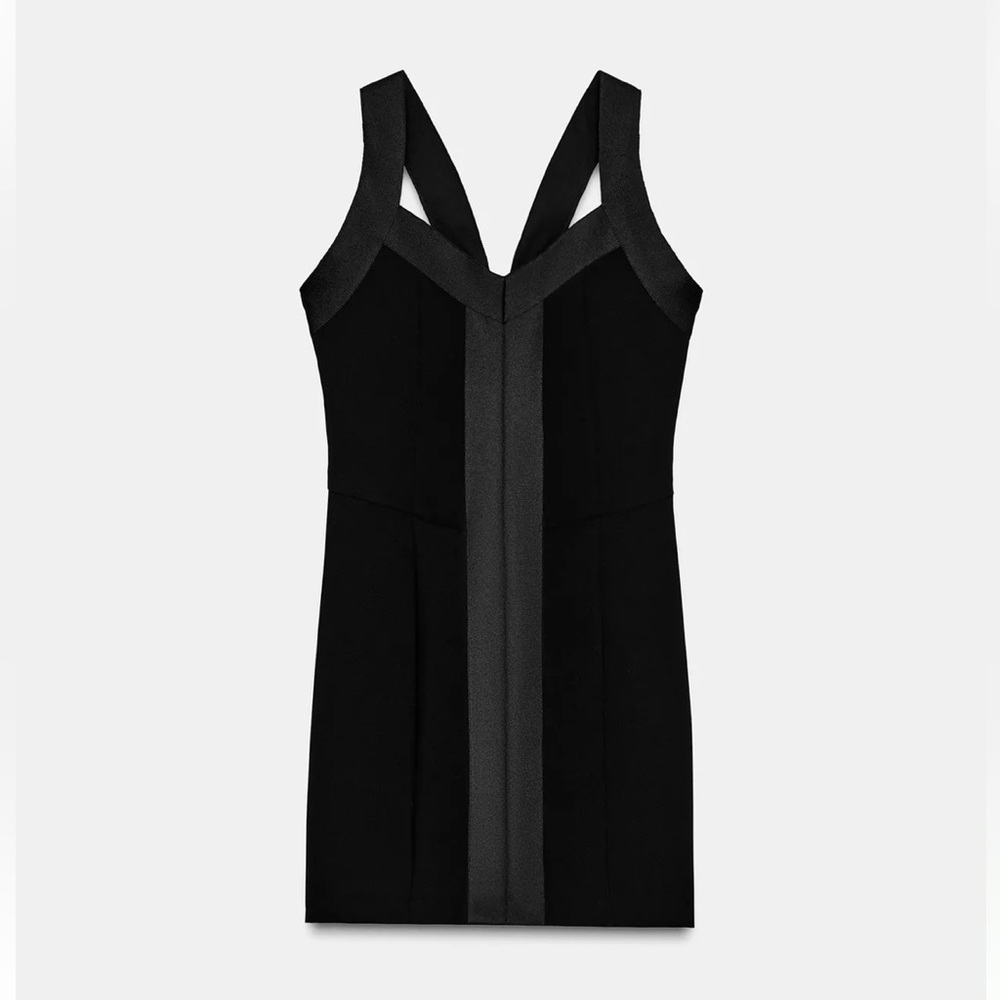 New ZARA Black Sleeveless Fitted Mini Dress with Front Zipper